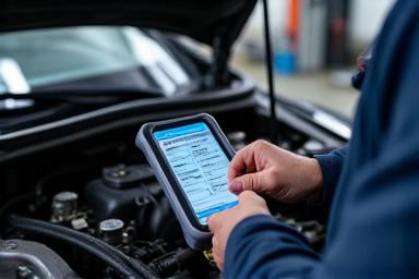 Mekaniko na gumagamit ng diagnostic tool sa makina ng kotse.