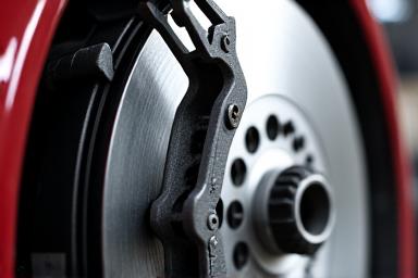 Close-up na kuha ng brake disc ng sasakyan.